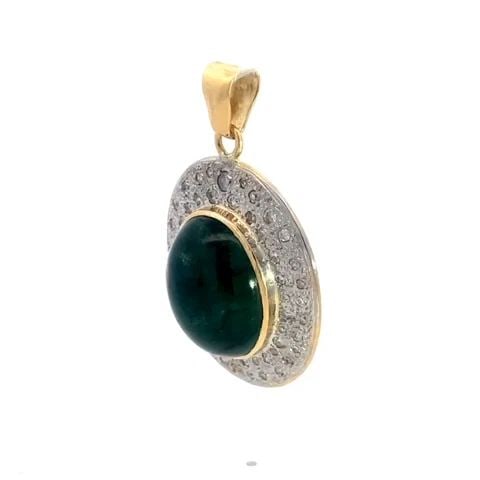 EMERALD GOLD PENDANT PAVE DIAMOND 14K TWO TONE OVAL SHAPE: EMERALD GOLD PENDANT PAVE DIAMOND 14K TWO TONE OVAL SHAPE This is a gorgeous pendant, it is crafted from 14k yellow and white gold with a polished finish. The oval shape flat frame has polished yellow