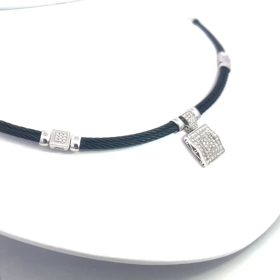 CHARRIOL DIAMOND GOLD NECKLACE ENHANCER 18K WHITE STEEL CABLE STRANDS: CHARRIOL DIAMOND GOLD NECKLACE ENHANCER 18K WHITE STEEL CABLE STRANDS This gorgeous Charriol necklace features 18k white gold capped accent between each section of the double darkened steel necklace, 
