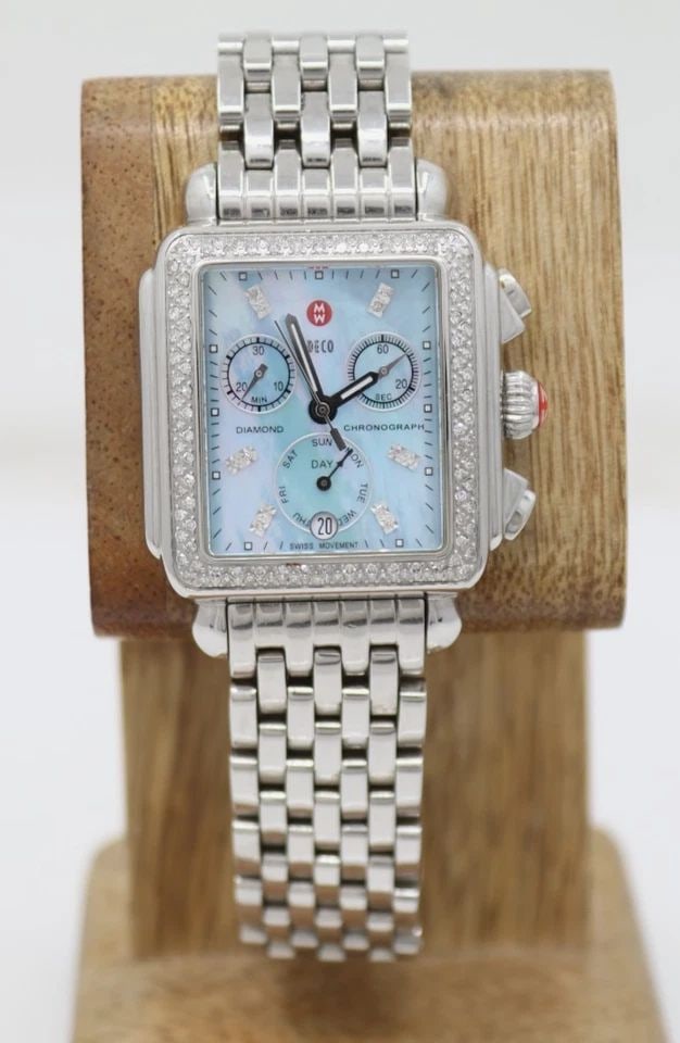 MICHELE DECO DAY DIAMOND MOP 33MM DIAL CHRONOGRAPH WATCH W/ BOX MW06P01A1066: MICHELE DECO DAY DIAMOND MOP 33MM DIAL CHRONOGRAPH WATCH W/ BOX MW06P01A1066 Description Michele Deco Day Diamond MOP 33mm Dial Chronograph Watch W/ Box MW06P01A1066 The watch has been used previously