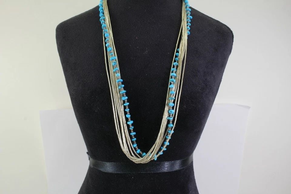 STERLING SILVER 10 MULTI STRAND LIQUID SILVER W/ TURQUOISE NECKLACE 18 INCH: STERLING SILVER 10 MULTI STRAND LIQUID SILVER W/ TURQUOISE NECKLACE 18 INCH STERLING SILVER 10 MULTI STRAND LIQUID SILVER W/ TURQUOISE NECKLACE 18 INCH Description Sterling Silver Multi Strand Liquid 