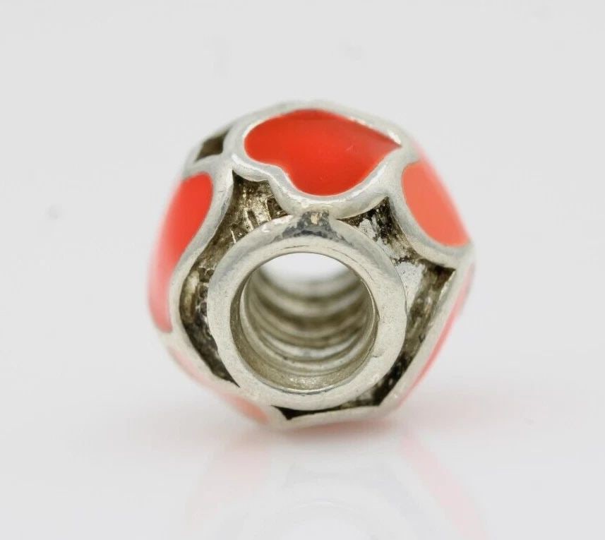 AUTHENTIC PANDORA STERLING SILVER RED ORANGE ENAMEL LOVE HEARTS CHARM 790436ER: AUTHENTIC PANDORA STERLING SILVER RED ORANGE ENAMEL LOVE HEARTS CHARM 790436ER Description Authentic Pandora Sterling Silver Red Orange Enamel Love Hearts Charm 790436ER Pandora charm in good conditio