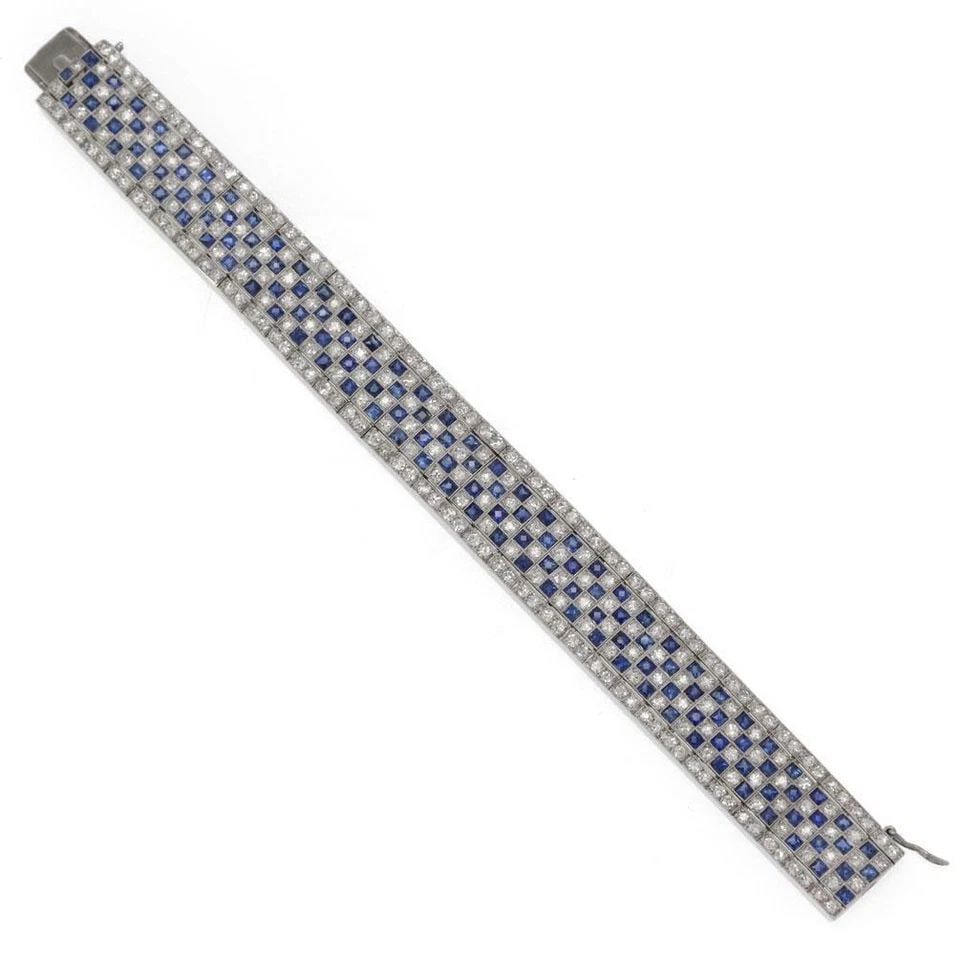 ART DECO 15CT OLD MINE CUT DIAMOND FRENCH CUT SAPPHIRE PLATINUM BRACELET: ART DECO 15CT OLD MINE CUT DIAMOND FRENCH CUT SAPPHIRE PLATINUM BRACELET Art Deco 15ct Old Mine Cut Diamond French Cut Sapphire Platinum Bracelet Description This is a magnificent Art Deco bracelet, c