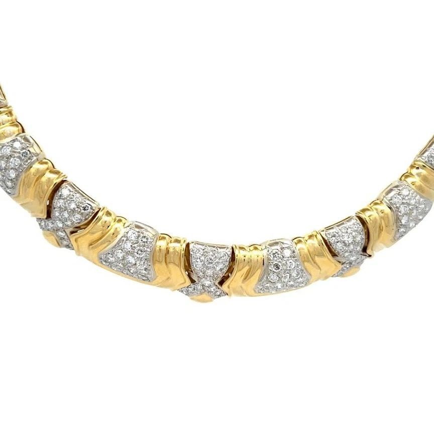 GORGEOUS 7CT DIAMOND 18K GOLD GEOMETRIC LINK 14MM WIDE COLLAR NECKLACE: GORGEOUS 7CT DIAMOND 18K GOLD GEOMETRIC LINK 14MM WIDE COLLAR NECKLACE This is a stunning diamond collar necklace, crafted from 18k yellow and white gold with a polished finish. The entire length of t