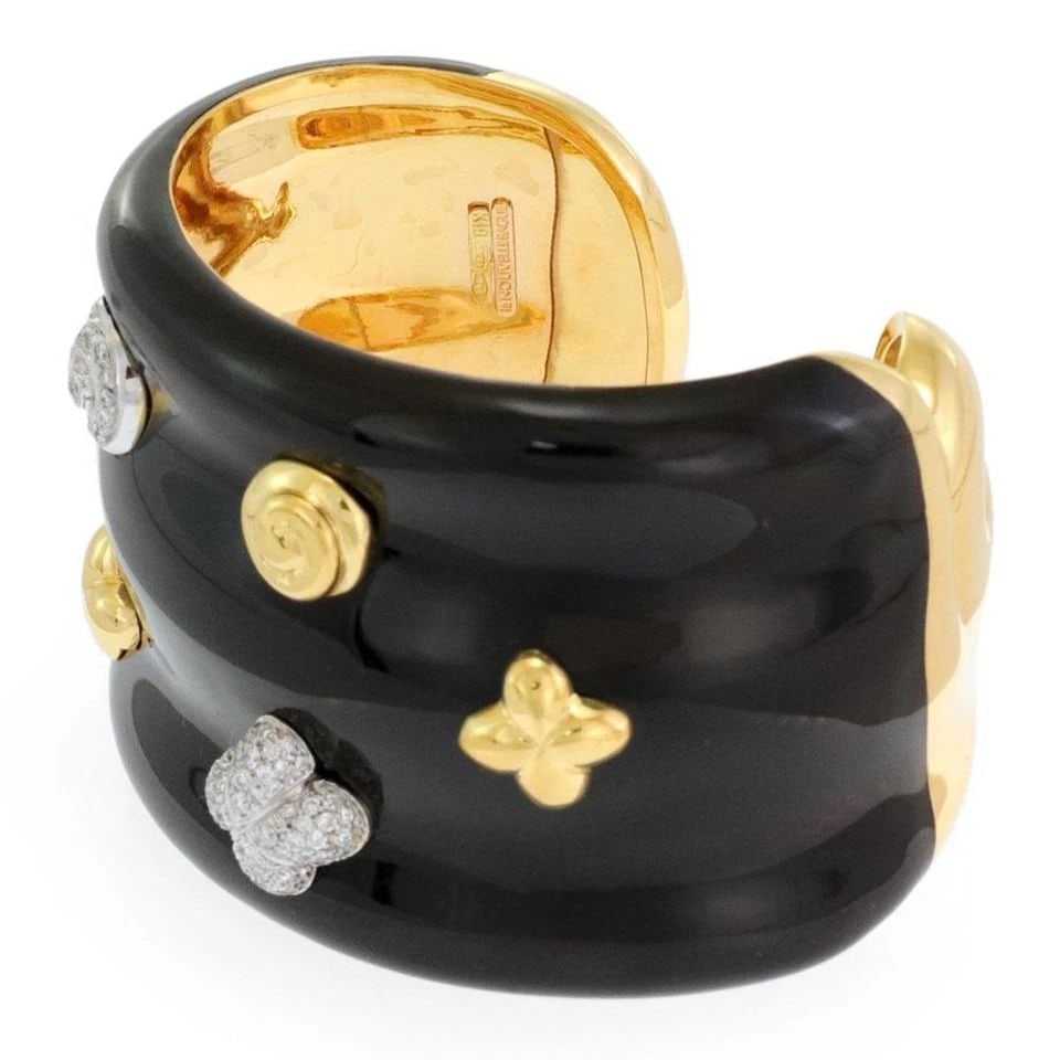 LA NOUVELLE BAGUE DIAMOND ENAMEL 18K GOLD 925 SILVER WIDE CUFF BRACELET: LA NOUVELLE BAGUE DIAMOND ENAMEL 18K GOLD 925 SILVER WIDE CUFF BRACELET La Nouvelle Bague Diamond Enamel 18k Gold 925 Silver Wide Cuff Bracelet Description This is an authentic bangle from Nouvell Bag