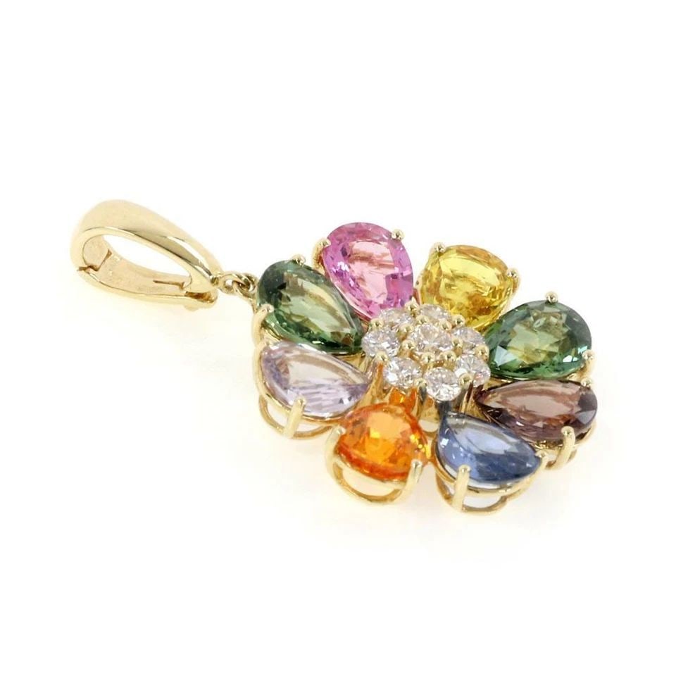MULTICOLOR SAPPHIRE DIAMOND 18K YELLOW GOLD FLOWER PENDANT IMPRESSIVE: MULTICOLOR SAPPHIRE DIAMOND 18K YELLOW GOLD FLOWER PENDANT IMPRESSIVE Estate Multicolor Sapphire Diamond 18k Yellow Gold Flower Pendant Description This is a stunning flower pendant. it is crafted fro