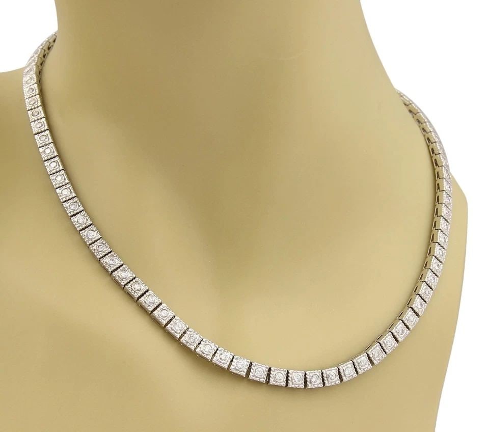 DIAMOND NECKLACE 14K WHITE GOLD MILGRAIN SQUARE LINK TENNIS NECKLACE: DIAMOND NECKLACE 14K WHITE GOLD MILGRAIN SQUARE LINK TENNIS NECKLACE This 14k white gold milgrain square link tennis necklace features a row of round-cut natural diamonds, creating a stunning display 