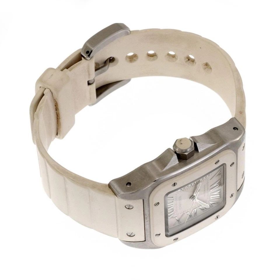 CARTIER SANTOS 100 AUTOMATIC STEEL WHITE RUBBER BAND MIDSIZE WATCH 2878: CARTIER SANTOS 100 AUTOMATIC STEEL WHITE RUBBER BAND MIDSIZE WATCH 2878 Cartier Santos 100 Automatic Steel White Rubber Band Midsize Watch 2878 Description This is an authentic automatic midsize wrist