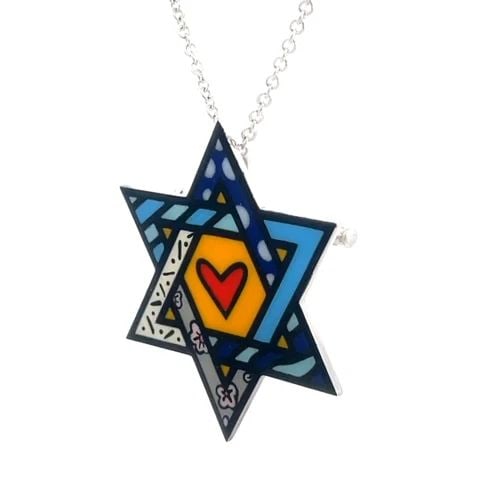 ORIANNE COLLINS BRITTO STAR OF DAVID GOLD PENDANT ENAMEL 18K & 14K CHAIN PIN: ORIANNE COLLINS BRITTO STAR OF DAVID GOLD PENDANT ENAMEL 18K & 14K CHAIN PIN This charming authentic necklace from Orianne Collins Collection by designer Romero Britto. The pendant/pin and chain is cr