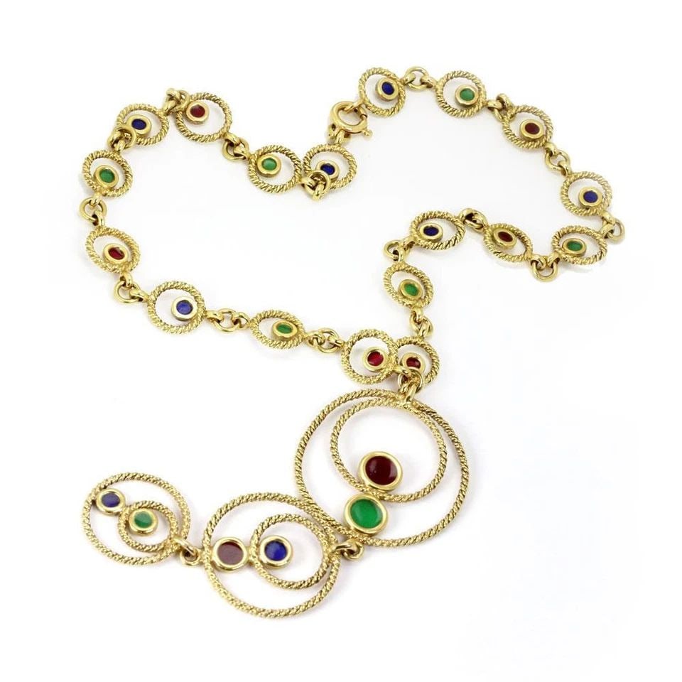 VINTAGE 18K YELLOW GOLD MULTICOLOR ENAMEL FANCY CIRCLE LINK LARIAT NECKLACE: VINTAGE 18K YELLOW GOLD MULTICOLOR ENAMEL FANCY CIRCLE LINK LARIAT NECKLACE Vintage 18k Yellow Gold Multicolor Enamel Fancy Circle Link Lariat Necklace Description This gorgeous vintage necklace is cr