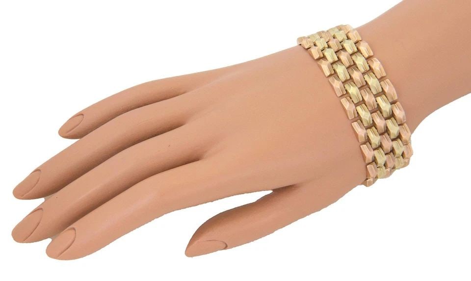 18K YELLOW & ROSE BRACELET 5 ROW FLEX BAR LINK 20MM WIDE RETRO (1 of 1)