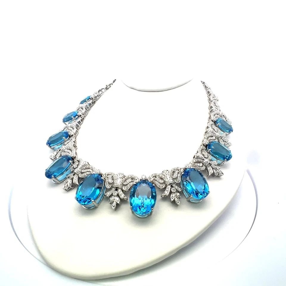 200CT BLUE OVAL GEMSTONE AND 17CT DIAMOND 10K WG VINTAGE STATEMENT NECKLACE: 200CT BLUE OVAL GEMSTONE AND 17CT DIAMOND 10K WG VINTAGE STATEMENT NECKLACE Not Found