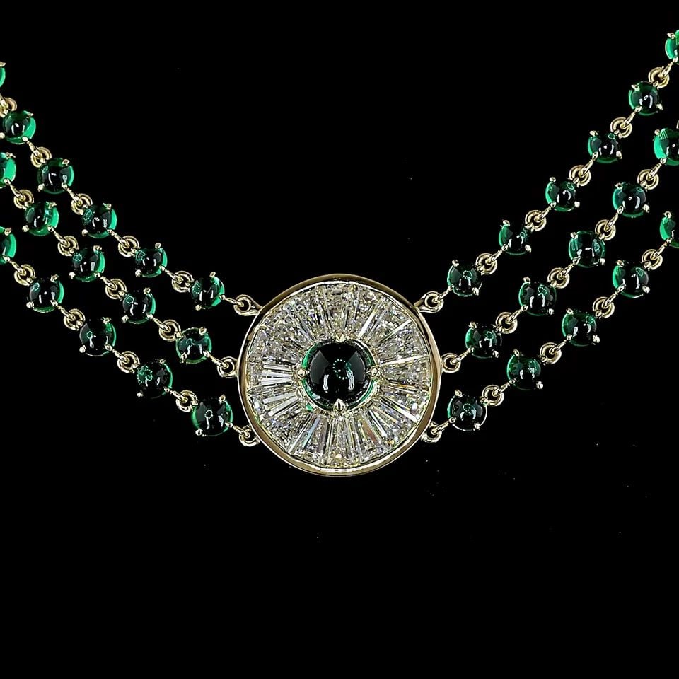 LAB-GROWN 7.69 CARAT ROUND GREEN EMERALD DIAMOND 14K YG STATEMENT NECKLACE: LAB-GROWN 7.69 CARAT ROUND GREEN EMERALD DIAMOND 14K YG STATEMENT NECKLACE Title: High-quality Brand-New Echo Friendly Elegant Lab-Grown 7.69 Carat Round Green Emerald-VS2 Diamond 14K Yellow Gold Stat