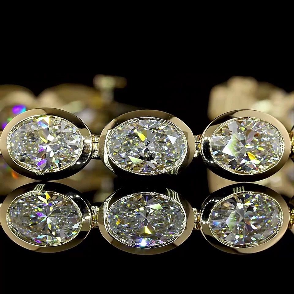 LAB-GROWN 14.69 CARAT OVAL E-F-VS DIAMOND 14K YELLOW GOLD TENNIS BRACELET: LAB-GROWN 14.69 CARAT OVAL E-F-VS DIAMOND 14K YELLOW GOLD TENNIS BRACELET Title: High-quality Brand-New Echo Friendly Elegant Lab-Grown 14.69 Carat Oval E-F-VS Diamond 14K Yellow Gold Tennis Bracelet 