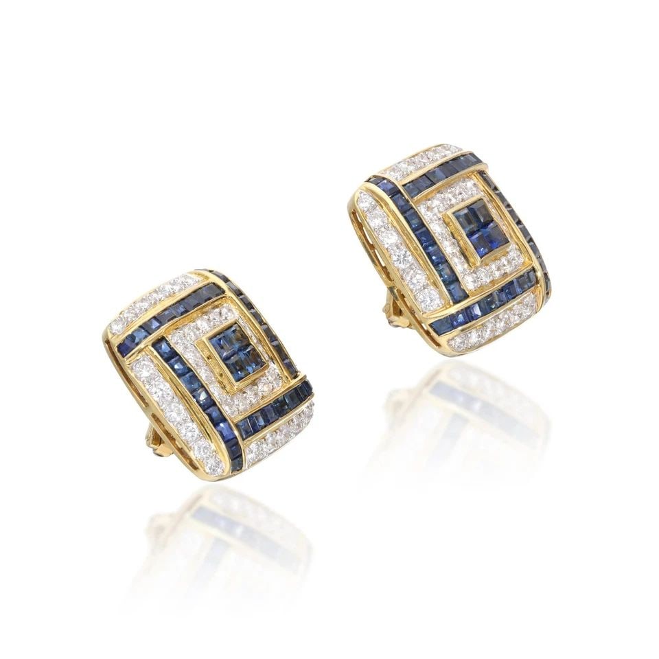 5.40 CARAT SAPPHIRE 3.25 CARAT ROUND DIAMOND 18K YELLOW GOLD CLIP ON EARRINGS: 5.40 CARAT SAPPHIRE 3.25 CARAT ROUND DIAMOND 18K YELLOW GOLD CLIP ON EARRINGS Title: 5.40 Carat Princess Cut Sapphire 3.25 Carat Round Brilliant G VS1 Diamond 18 Karat Yellow Gold Clip On Earring Styl