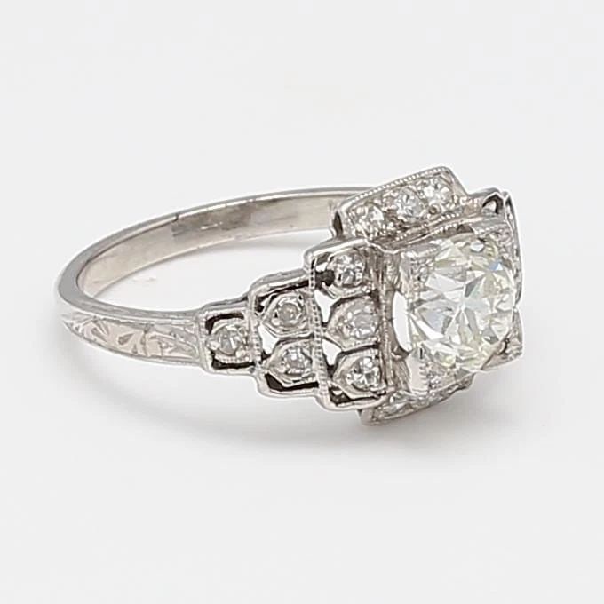 1.02 CARAT OLD EUROPEAN CUT J SI1 DIAMOND PLATINUM ART DECO RING: 1.02 CARAT OLD EUROPEAN CUT J SI1 DIAMOND PLATINUM ART DECO RING Title: 1.02 Carat Old European Cut J SI1 Diamond Platinum Art Deco Ring Style: Art Deco Metal: Platinum Gemstone 1: 1.02 Carat Diamond 