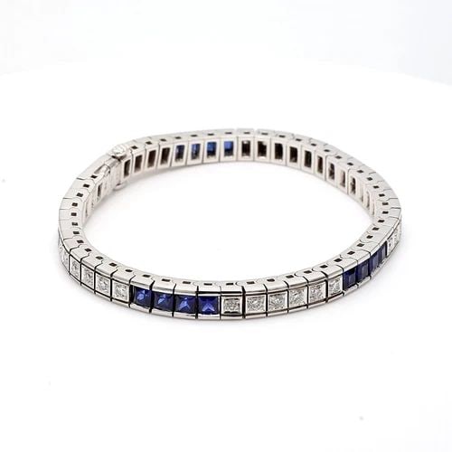 5.00 CARAT SAPPHIRE 1.02 CARAT ROUND DIAMOND 18K WG TENNIS BRACELET: 5.00 CARAT SAPPHIRE 1.02 CARAT ROUND DIAMOND 18K WG TENNIS BRACELET Title: 5.00 Carat Princess Cut Sapphire 1.02 Carat Round Brilliant I SI1 Diamond 18 Karat White Gold Tennis Bracelet Style: Tennis M
