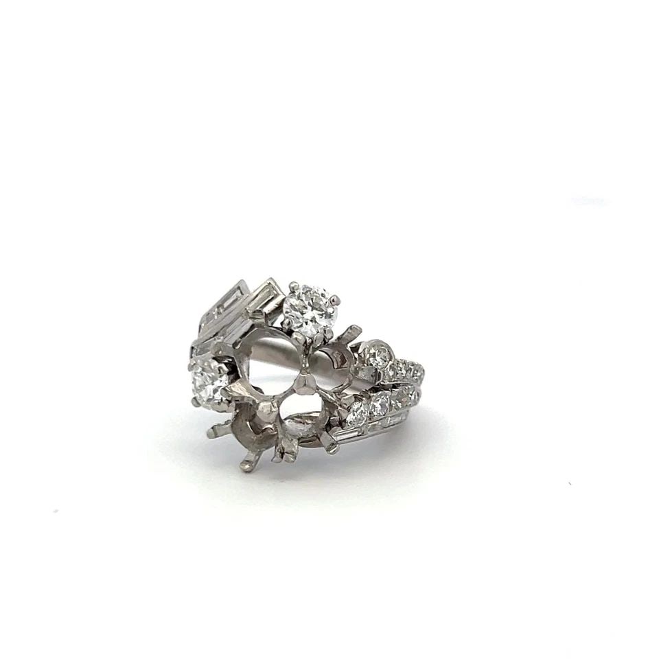 PLATINUM SEMI MOUNT RING WITH 2.1 CARAT DIAMOND FITS 7.25X7.15MM CENTER STONE: PLATINUM SEMI MOUNT RING WITH 2.1 CARAT DIAMOND FITS 7.25X7.15MM CENTER STONE Detailed Description: This vintage platinum semi-mount ring is a statement piece for the urban trendsetter. Featuring a st