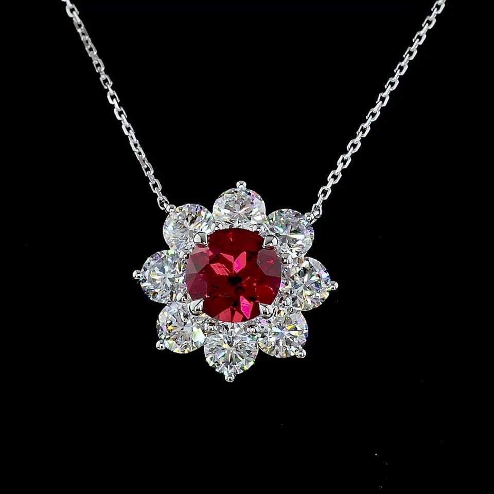LAB-GROWN 2.9 CARAT ROUND RUBBY-VS2 DIAMOND 14K WHITE GOLD FLOWER PENDANT: LAB-GROWN 2.9 CARAT ROUND RUBBY-VS2 DIAMOND 14K WHITE GOLD FLOWER PENDANT Title: High-quality Brand-New Echo Friendly Elegant Lab-Grown 2.9 Carat Round Rubby-VS2 Diamond 14K White Gold Flower Pendant 