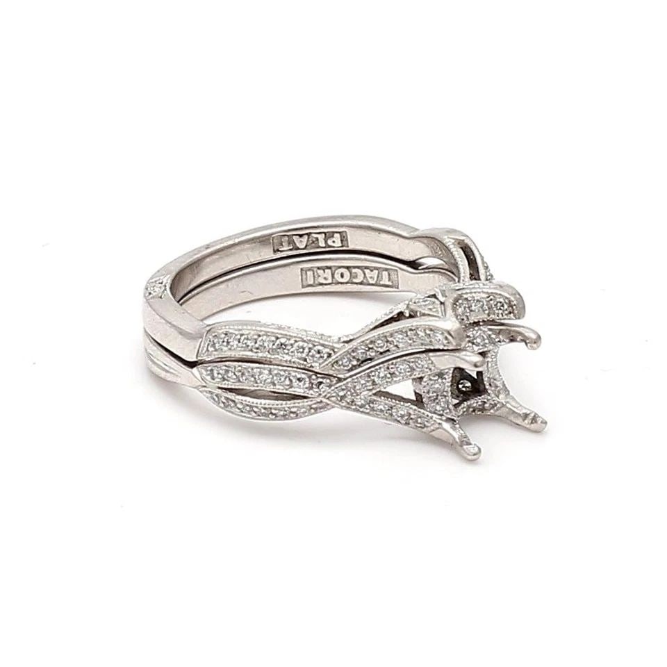 TACORI 0.69 CARAT ROUND BRILLIANT H SI1 DIAMOND PLATINUM SEMI MOUNT RING: TACORI 0.69 CARAT ROUND BRILLIANT H SI1 DIAMOND PLATINUM SEMI MOUNT RING Designer: TACORI Title: Tacori 0.69 Carat Round Brilliant H SI1 Diamond Platinum Semi Mount Ring Style: Semi Mount Metal: Plati