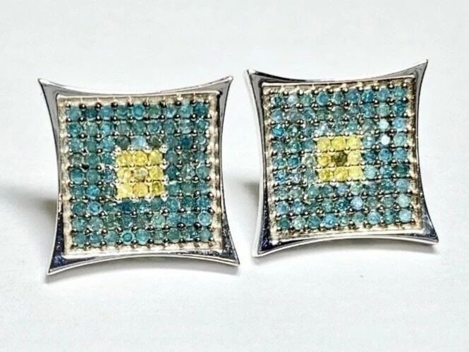 10K WHITE GOLD EARRINGS WITH 1.00CTS OF BLUE & YELLOW DIAMONDS 3.5G: 10k White Gold Earrings with 1.00cts of Blue & Yellow Diamonds You are bidding on a pre-owned 10k White Gold Earrings with Blue and 1CT Yellow Diamonds. The earrings have minor scuffs and scratches fr