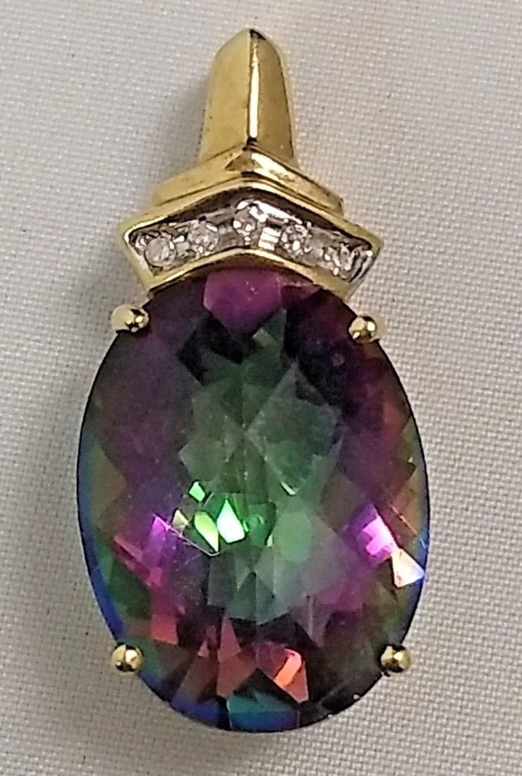 10K GOLD, MYSTIC TOPAZ, AND DIAMOND PENDANT 3.6G (1 of 2)