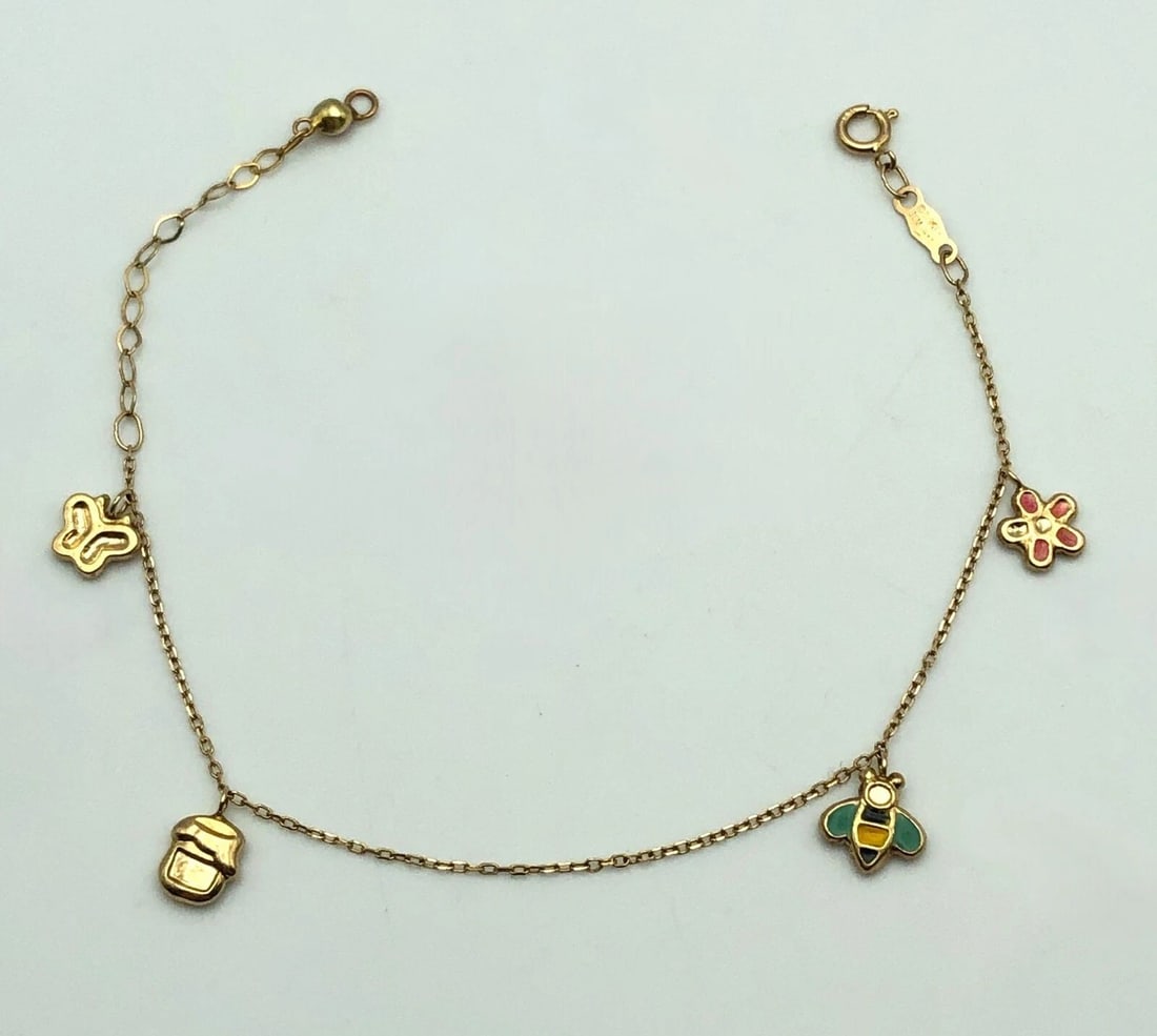 14K YELLOW GOLD DISNEY WINNIE POOH STYLE BRACELET 1.0 GRAM 6.5": 14k Yellow Gold Disney Winnie Pooh style Bracelet Condition: Used, enameling on charms is wearing off Material: 14k Yellow Gold Weight: 1 grams Bracelet Size: 6.5 inches Bracelet Type: Spring ring cla