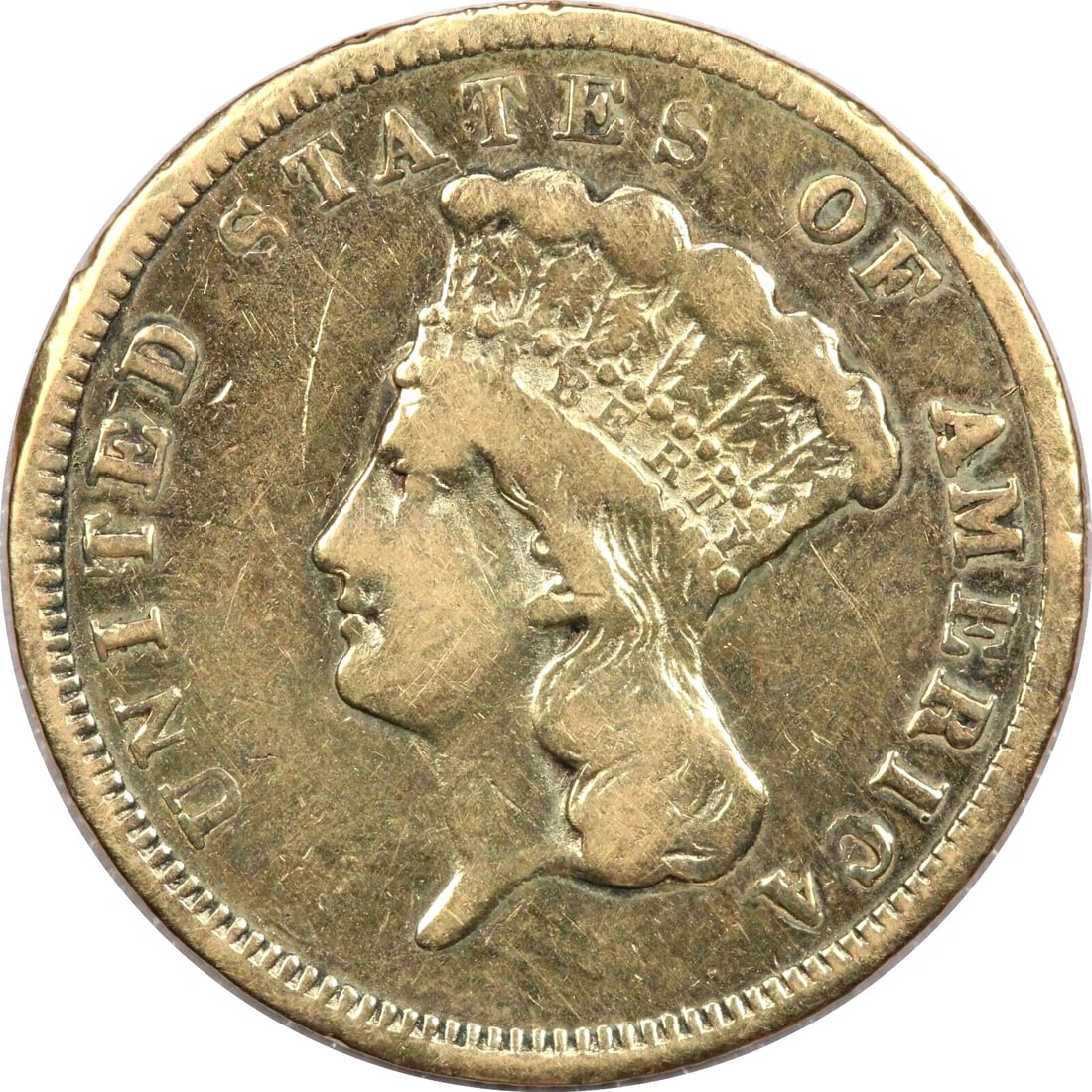 1859 PRINCESS HEAD $3 GOLD COIN, VERY FINE VF, CLEANED (1 of 2)