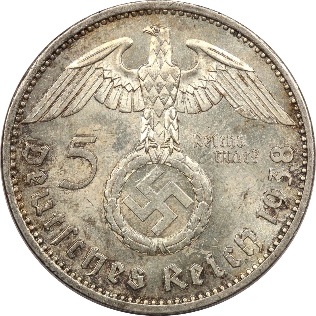 1938 A NAZI GERMANY THIRD REICH 5 MARK SILVER, UNCIRCULATED BU, TONED, KM# 94 (1 of 2)