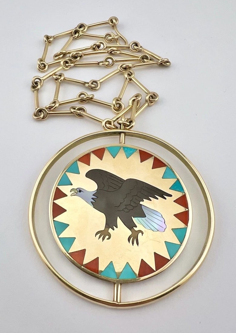 DENNIS & NANCY EDAAKIE ZUNI 14K YELLOW GOLD EAGLE SPINNER PENDANT NECKLACE 113G: DENNIS & NANCY EDAAKIE ZUNI 14K YELLOW GOLD EAGLE SPINNER PENDANT NECKLACE 113G Vintage RARE Dennis & Nancy Edaakie Zuni 14k Yellow Gold Eagle Spinner Pendant Necklace 113g Necklace Size: 25" Long Tip