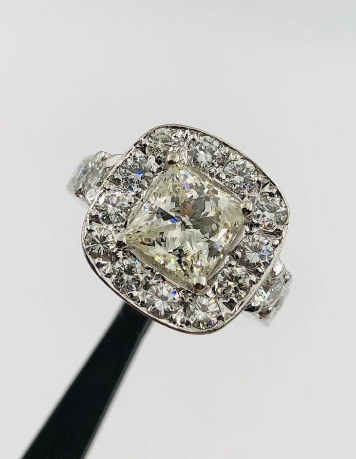 14K WHITE GOLD 2.03CT PRINCESS CUT DIAMOND L - I2 HALO ENGAGEMENT RING 3.46TCW: 14K WHITE GOLD 2.03CT PRINCESS CUT DIAMOND L - I2 HALO ENGAGEMENT RING 3.46TCW 14K White Gold 2.03Ct Princess Cut Diamond L - I2Halo Engagement Ring 3.46tcw Size: 8.5 Total Weight is 10.2 Grams on my 