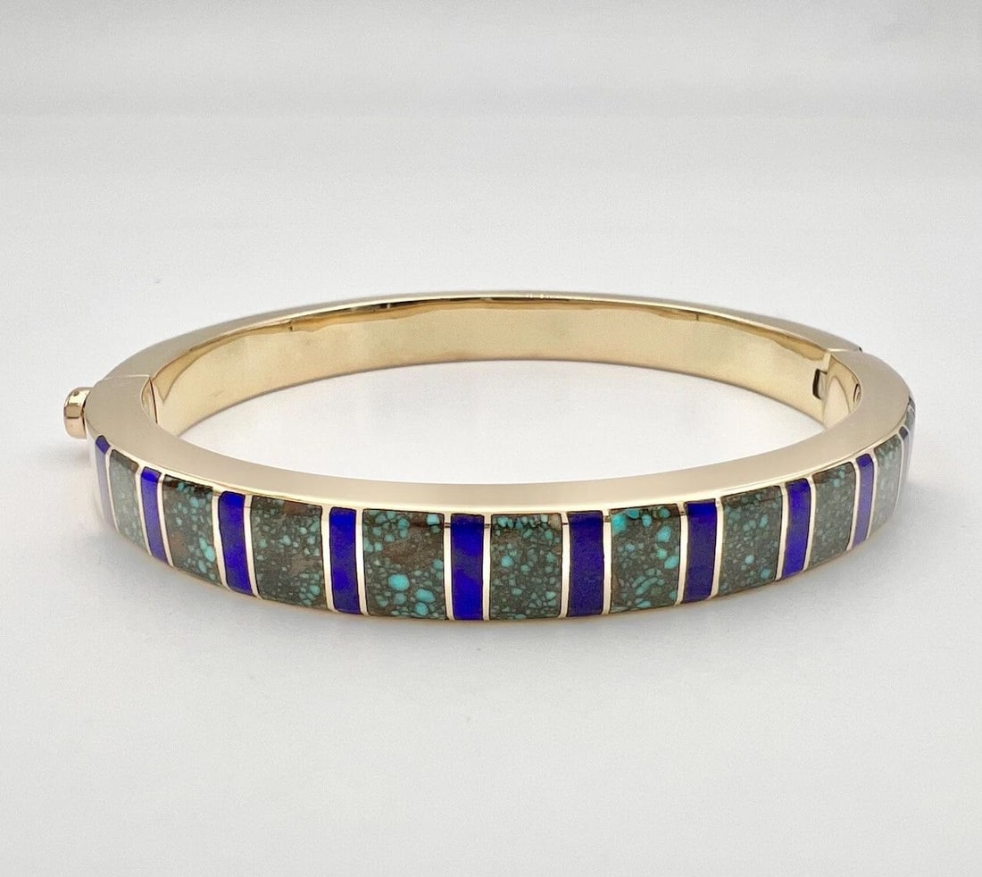 NAVAJO 14K GOLD SPIDERWEB BISBEE SUGILITE LAPIS & OPAL & DIAMOND BANGLE BRACELET (1 of 2)