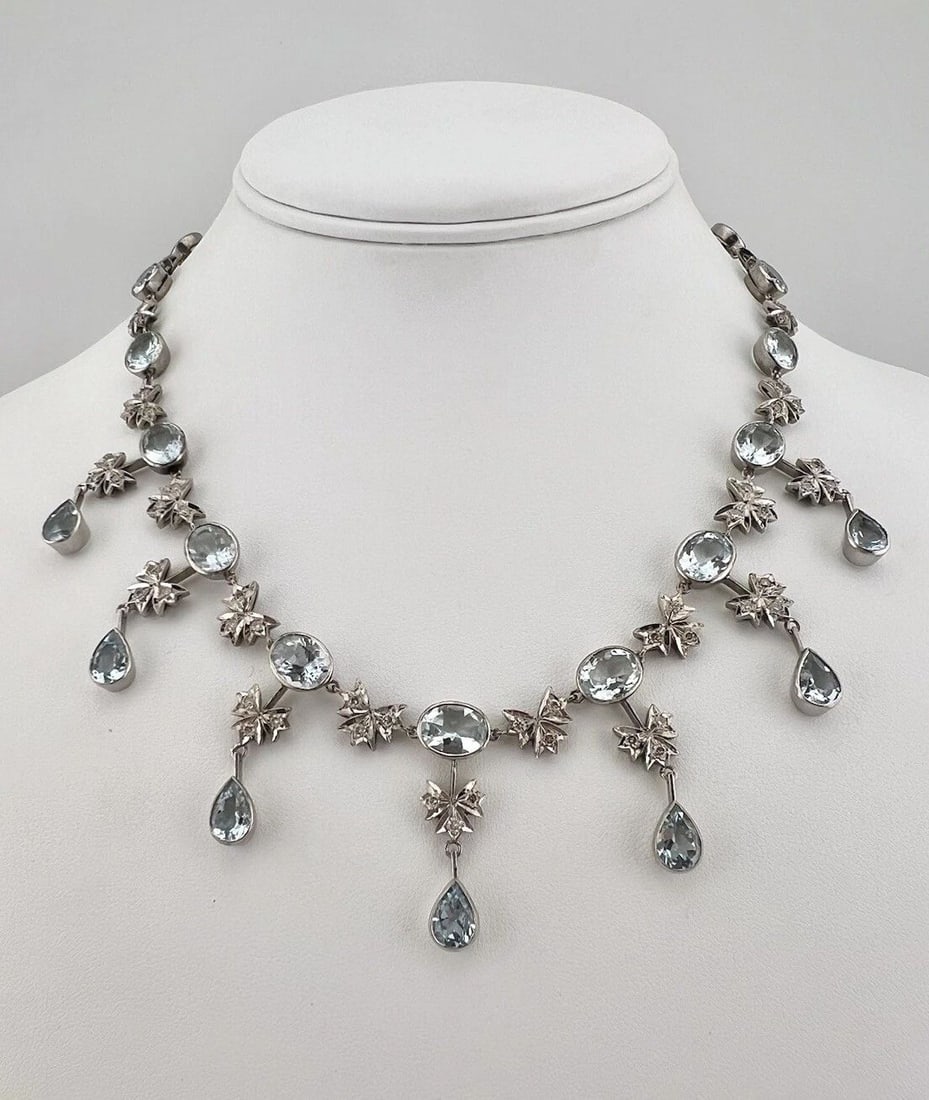 VICTORIAN 14K-18K WHITE GOLD 36CT AQUAMARINE & .80CT DIAMOND DANGLE NECKLACE 50G (1 of 2)