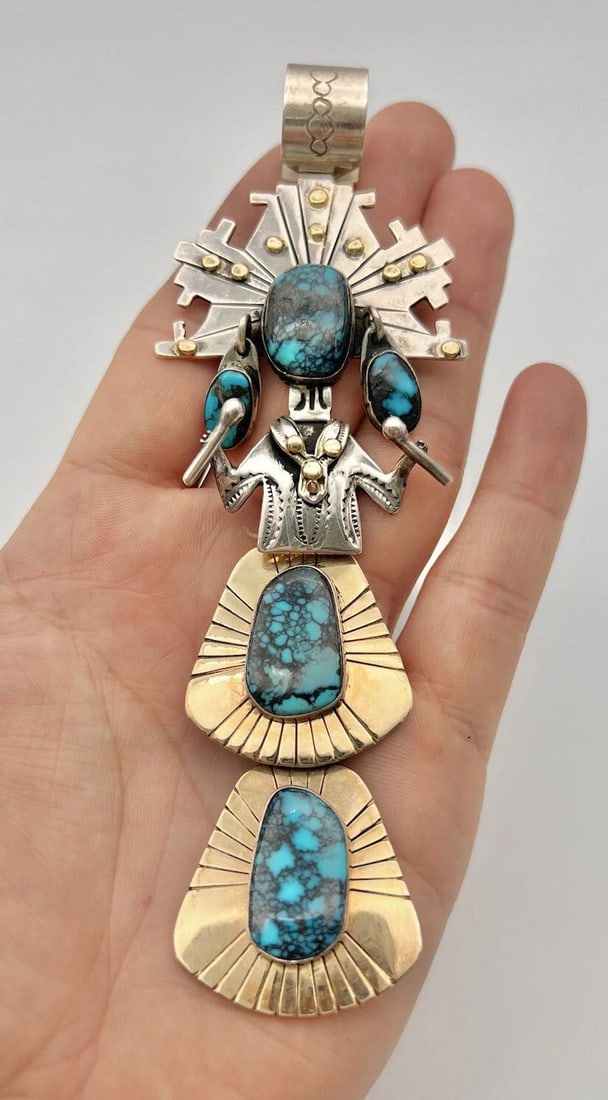 ESTHER WOOD NAVAJO STERLING & 14K GOLD LANDER BLUE TURQUOISE KACHINA PENDANT 6": ESTHER WOOD NAVAJO STERLING & 14K GOLD LANDER BLUE TURQUOISE KACHINA PENDANT 6" Rare Vintage Esther Wood Navajo Sterling Silver 14k Gold Lander Blue Turquoise Kachina Pendant 6" Size: 6" Tall With Bai