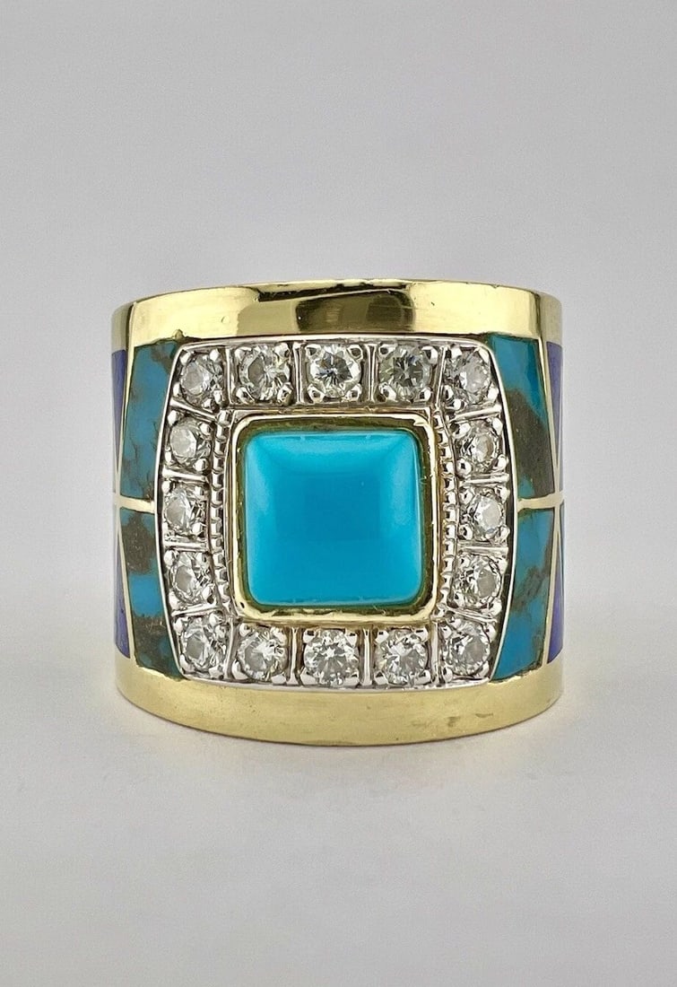 DAVID FREELAND JR NAVAJO 18K GOLD BISBEE TURQUOISE VS2 .80CT DIAMOND LAPIS RING: DAVID FREELAND JR NAVAJO 18K GOLD BISBEE TURQUOISE VS2 .80CT DIAMOND LAPIS RING David R Freeland Jr Contemporary Navajo 18k Gold Bisbee Turquoise VS2 .80ct Diamond Lapis Ring Size: 10.25 - Ring Can Be