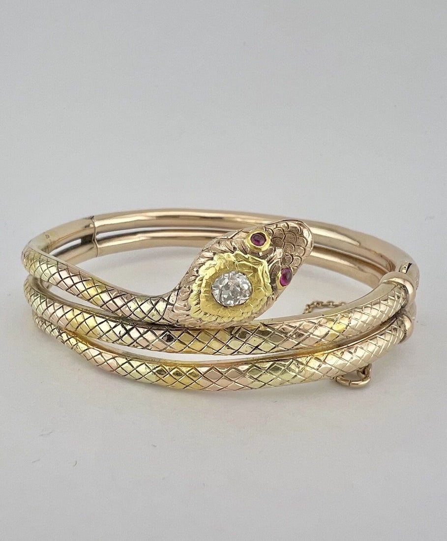 VICTORIAN TRI COLOR GOLD ROSE CUT DIAMOND & RUBY SNAKE BANGLE BRACELET 43.5G (1 of 2)