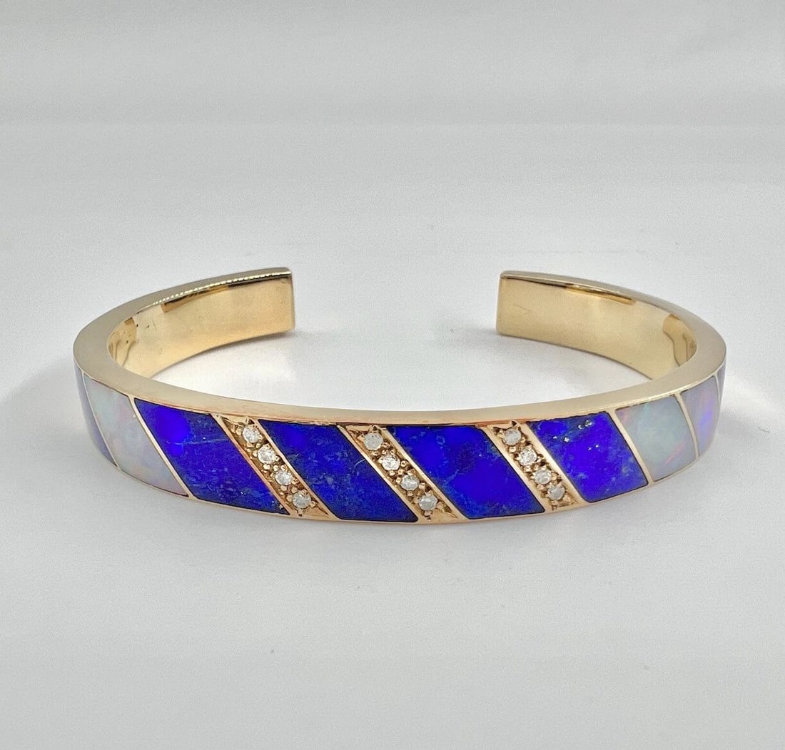 NAVAJO 18K YELLOW GOLD NATURAL LAPIS LAZULI & FIRE OPAL & DIAMOND CUFF BRACELET (1 of 2)