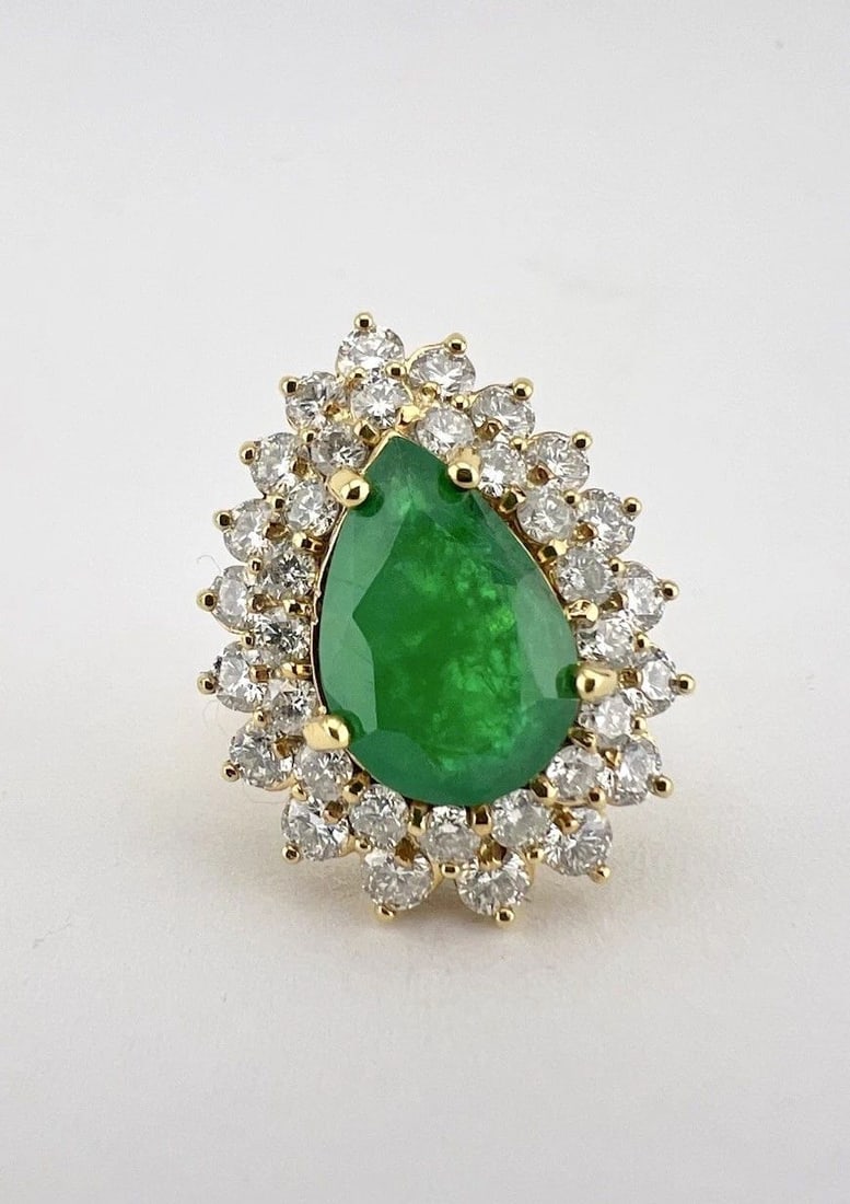 FINE 14K YELLOW GOLD 6.00CT PEAR GREEN EMERALD & 2.50CT DIAMOND HALO RING (1 of 2)