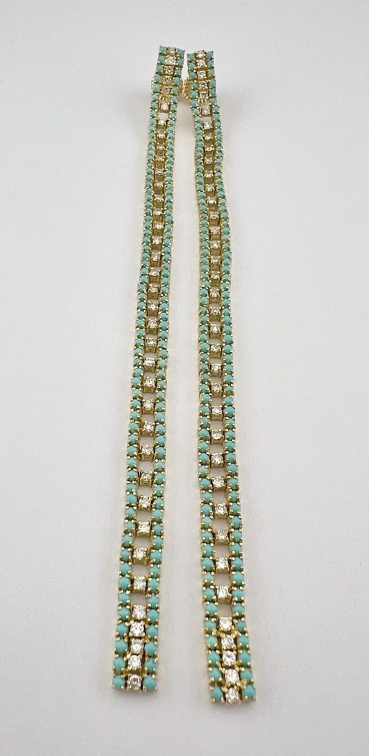 VTG 18K YELLOW GOLD 2.25CT DIAMOND & PERSIAN TURQUOISE LONG POST EARRINGS 6 1/8": VTG 18K YELLOW GOLD 2.25CT DIAMOND & PERSIAN TURQUOISE LONG POST EARRINGS 6 1/8" Vtg 18K Yellow Gold 2.25ct Diamond & Persian Turquoise LONG Post Earrings 6 1/8" Size: 6 1/8" Tall By Slightly Over 1/4