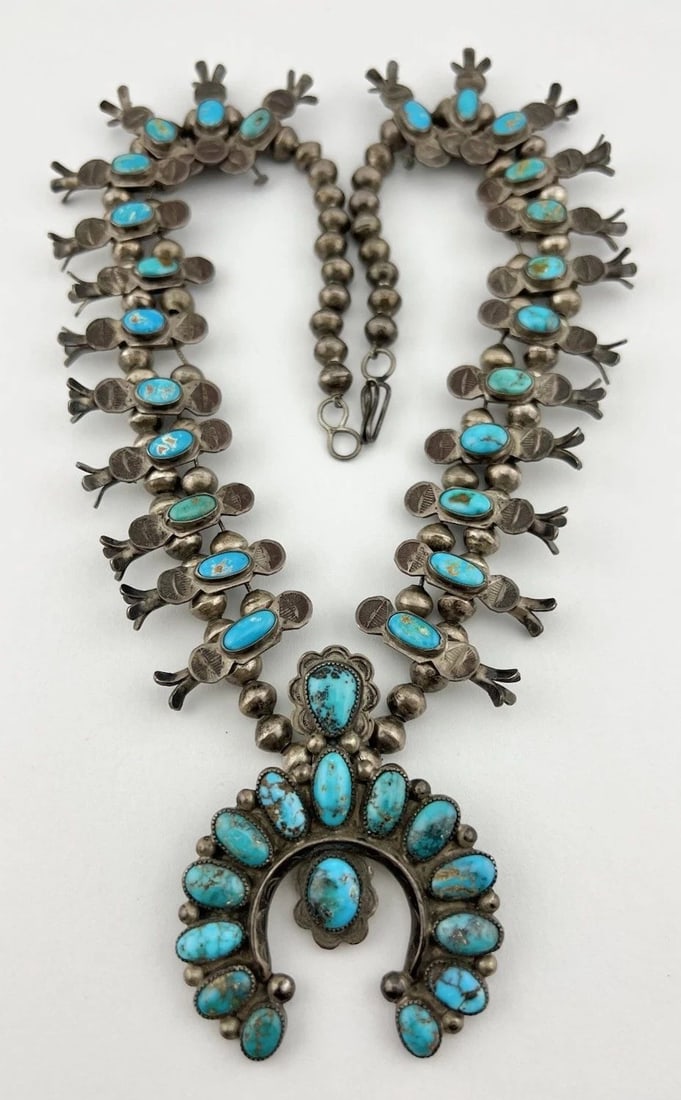 1930'S NAVAJO COIN SILVER TURQUOISE BOX BOW FOUR PETAL SQUASH BLOSSOM NECKLACE: 1930'S NAVAJO COIN SILVER TURQUOISE BOX BOW FOUR PETAL SQUASH BLOSSOM NECKLACE RARE Early 1930's Navajo Coin Silver & High-Grade Turquoise Box Bow Four Petal Squash Blossom Necklace This Amazing neckl