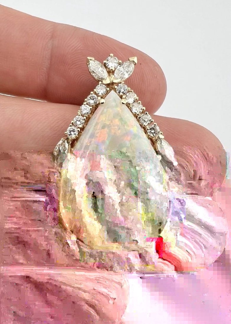 14K YELLOW GOLD 40CT AUSTRALIAN OPAL & ROUND & MARQUISE DIAMOND TEARDROP PENDANT (1 of 2)