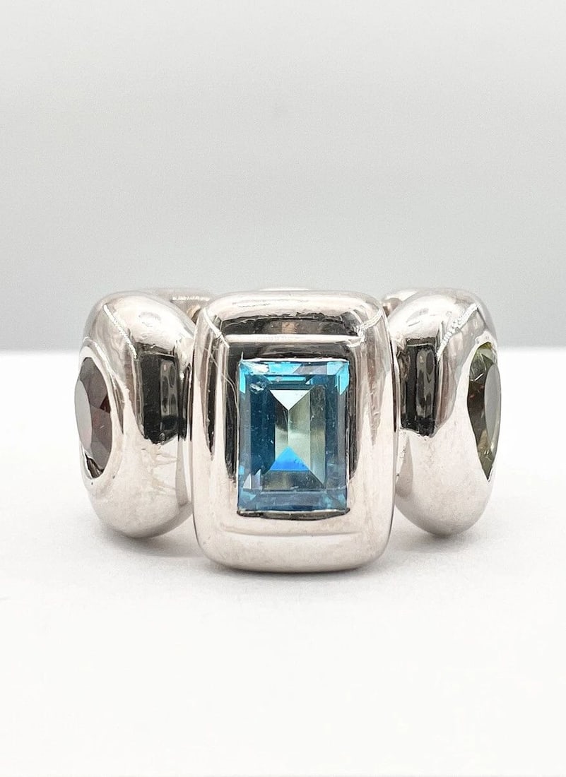DESIGNER MODERNIST ITALIAN 18K WHITE GOLD MULTI GEMSTONE ETERNITY WIDE RING 20G (1 of 2)