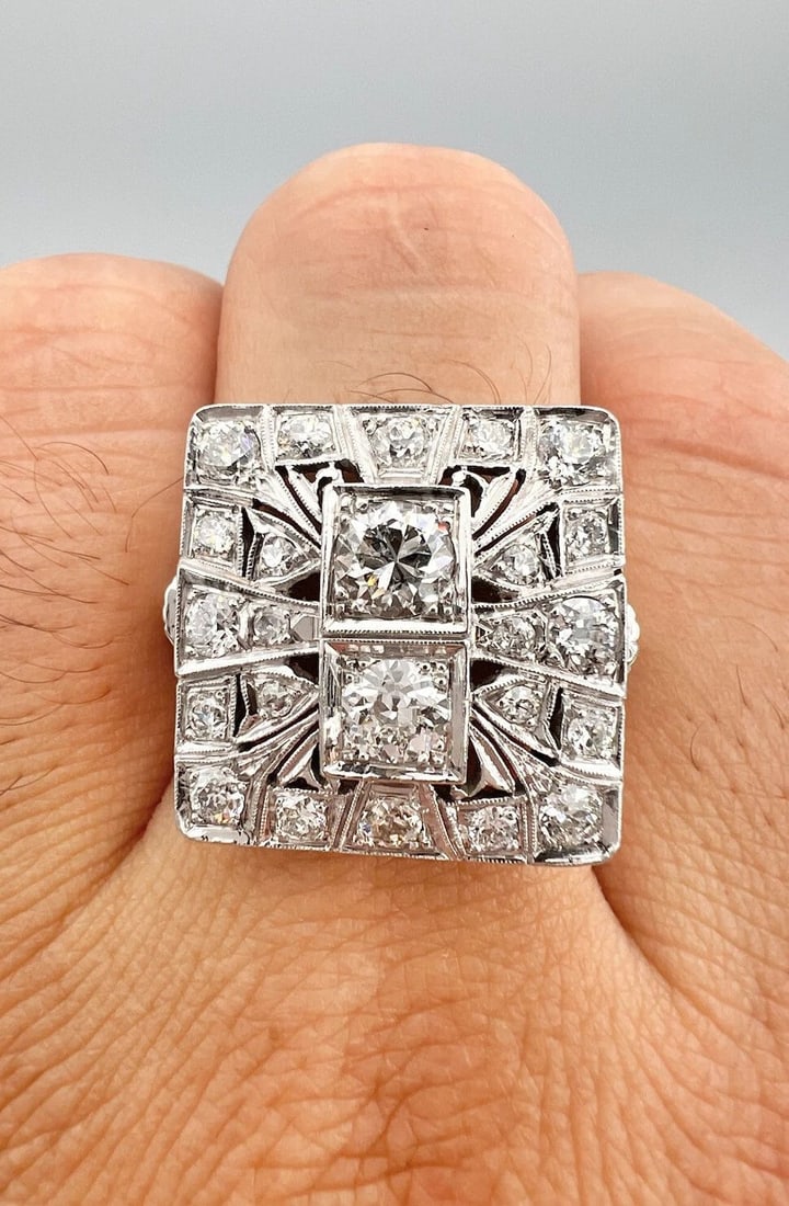 MASSIVE ART DECO 14K WHITE GOLD 2.75TCW OLD EUROPEAN CUT DIAMOND FILIGREE RING: MASSIVE ART DECO 14K WHITE GOLD 2.75TCW OLD EUROPEAN CUT DIAMOND FILIGREE RING Massive Art Deco 14K White Gold 2.75tcw Old European Cut Diamond Filigree Ring Size: 11.5 - Can Be Sized To Any Size With