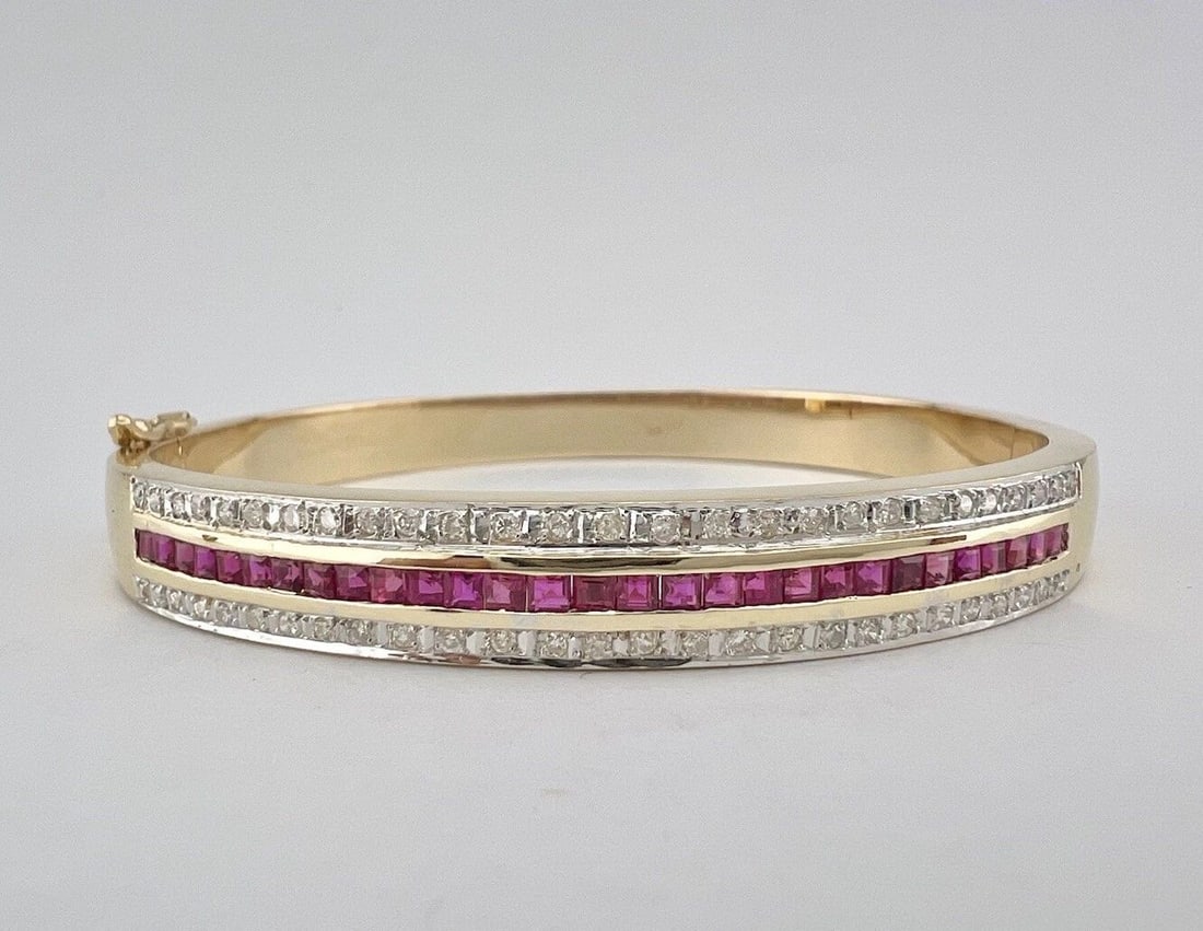 DESIGNER 14K YELLOW GOLD PRINCESS CUT RUBY & DIAMOND BANGLE BRACELET 22G (1 of 2)