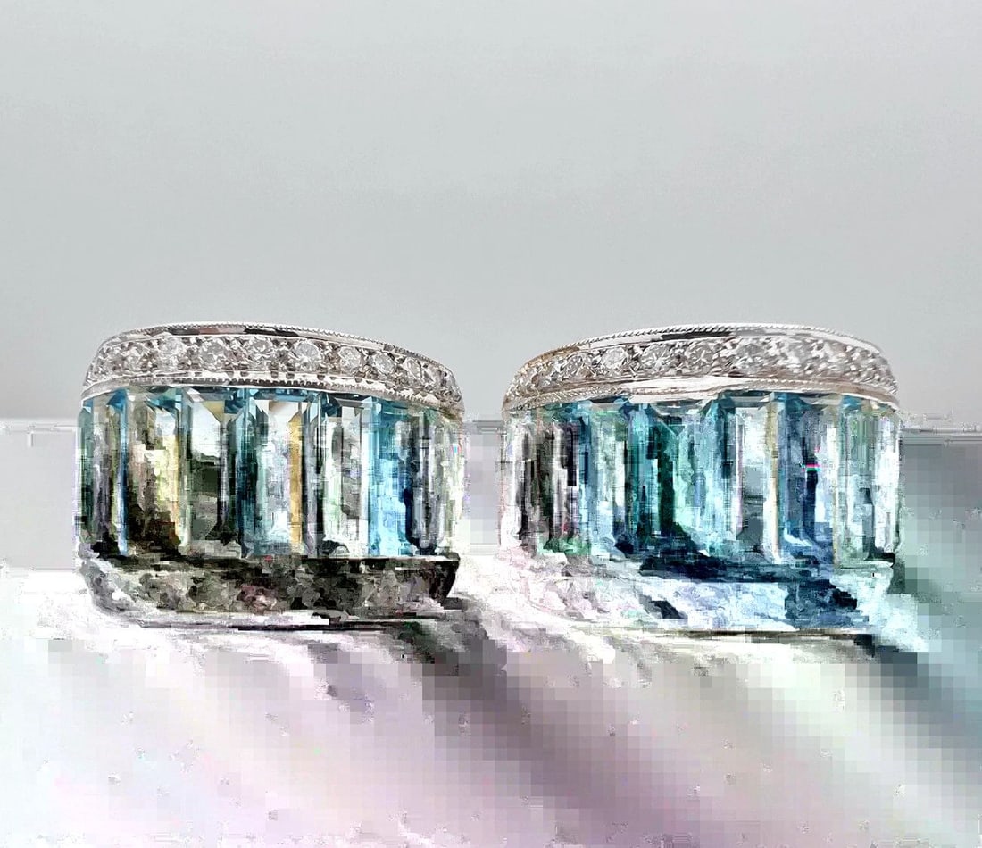 18K YELLOW GOLD BAGUETTE LONDON BLUE TOPAZ & DIAMOND OMEGA BACK HOOP EARRINGS: 18K YELLOW GOLD BAGUETTE LONDON BLUE TOPAZ & DIAMOND OMEGA BACK HOOP EARRINGS Designer 18K Yellow Gold Baguette London Blue Topaz & Diamond Omega Back Hoop Earrings Size: 7/8" (20mm) Tall By Over 1/2"
