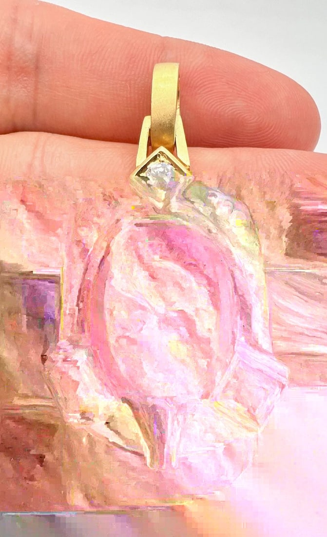DESIGNER 18K YELLOW GOLD ETRUSCAN TOURMALINE & DIAMOND & AGATE INTAGLIO PENDANT: DESIGNER 18K YELLOW GOLD ETRUSCAN TOURMALINE & DIAMOND & AGATE INTAGLIO PENDANT Designer 18k Yellow Gold Etruscan Tourmaline & Diamond & Agate Intaglio Pendant Size: 2" Tall With Enhancer Bail by 1 1/
