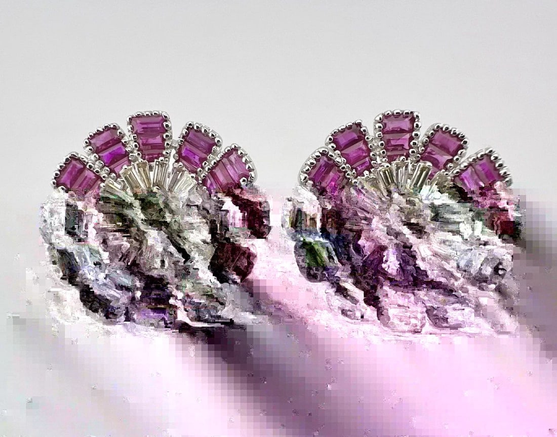 FINE 18K WHITE GOLD BAGUETTE RUBY & DIAMOND 3D FLOWER OMEGA BACK EARRINGS 15.3G (1 of 2)