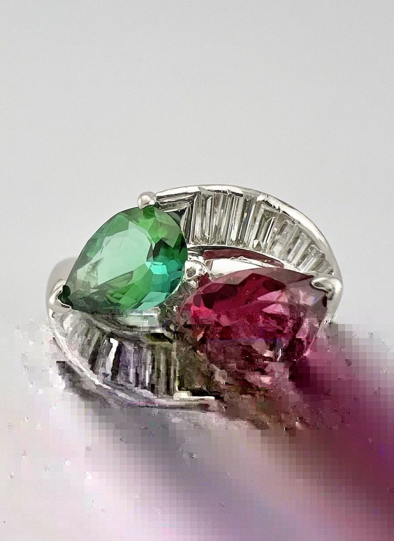 ANTIQUE PLATINUM HOT PINK & GREEN TOURMALINE & BAGUETTE DIAMOND MOI ET TOI RING: ANTIQUE PLATINUM HOT PINK & GREEN TOURMALINE & BAGUETTE DIAMOND MOI ET TOI RING Antique Platinum Hot Pink & Green Tourmaline & Baguette Diamond Moi et Toi Ring Ring Size: 8.5 - Can be Resized Metal: .