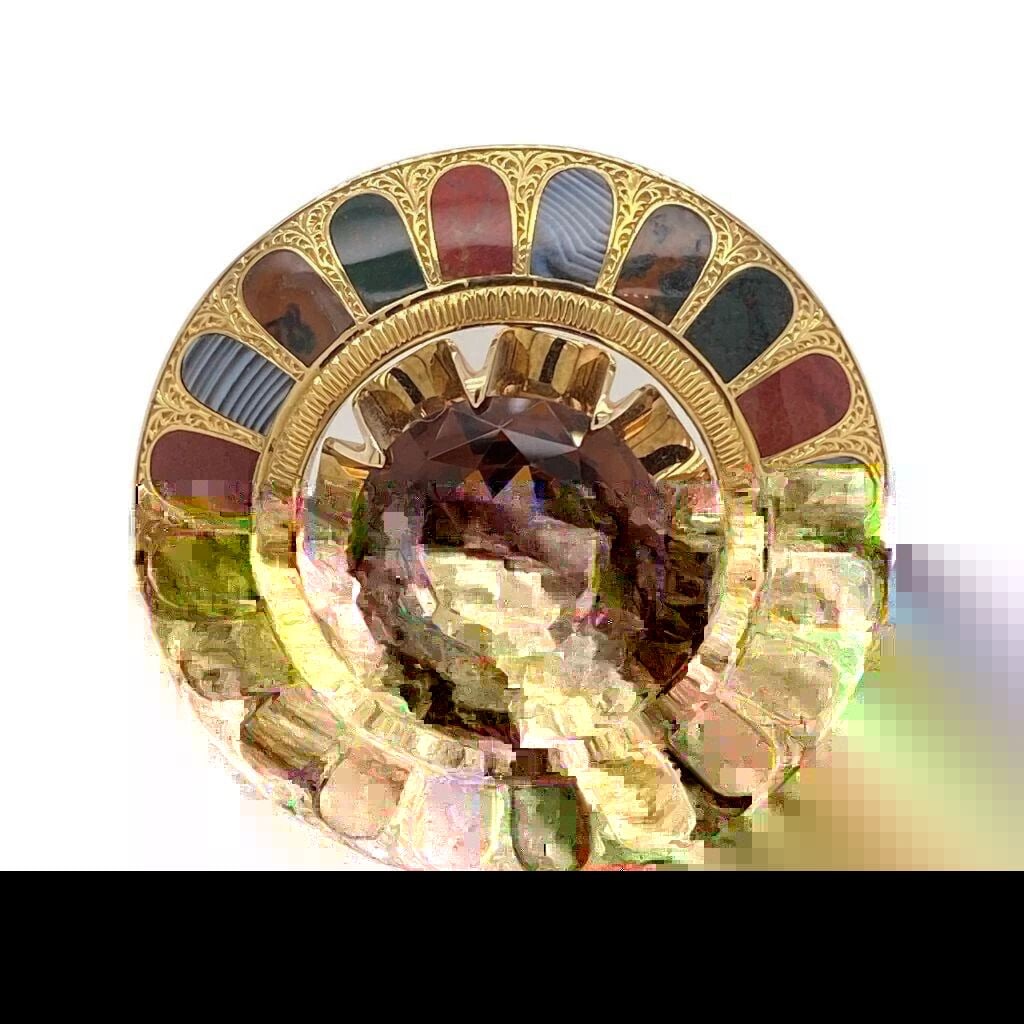 ANTIQUE 10K GOLD SCOTTISH KILT CITRINE BANDED AGATE HARDSTONE BROOCH PIN 24.6G (1 of 2)