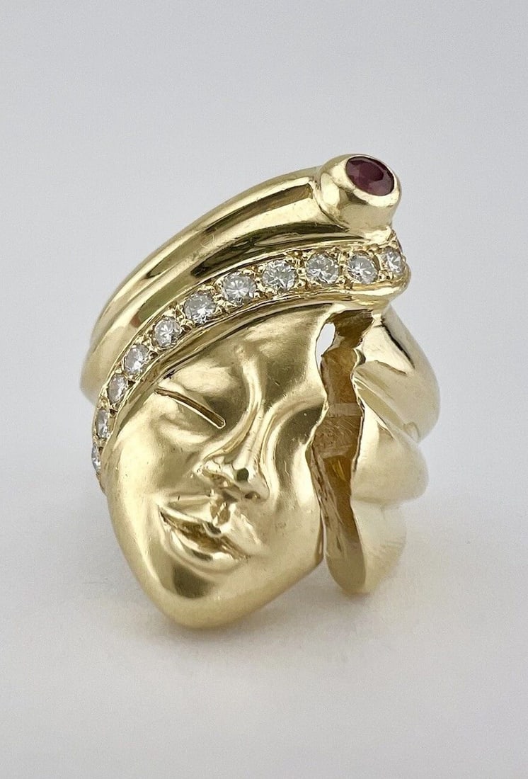 14K YELLOW GOLD PHANTOM OF THE OPERA 3D MASQUERADE FACE MASK DIAMOND & RUBY RING (1 of 2)