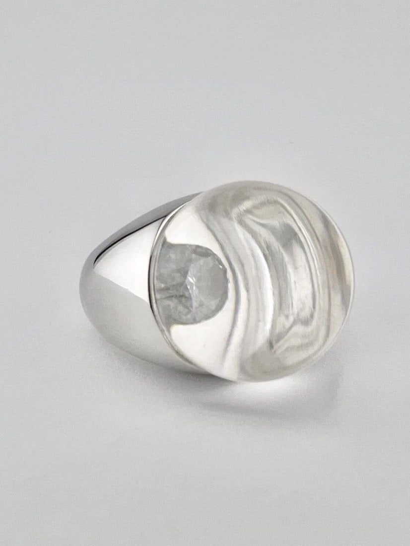 MAUBOUSSIN PARIS 18K WHITE GOLD ROCK CLEAR ORB CRYSTAL & DIAMOND DOME RING 21.2G (1 of 2)
